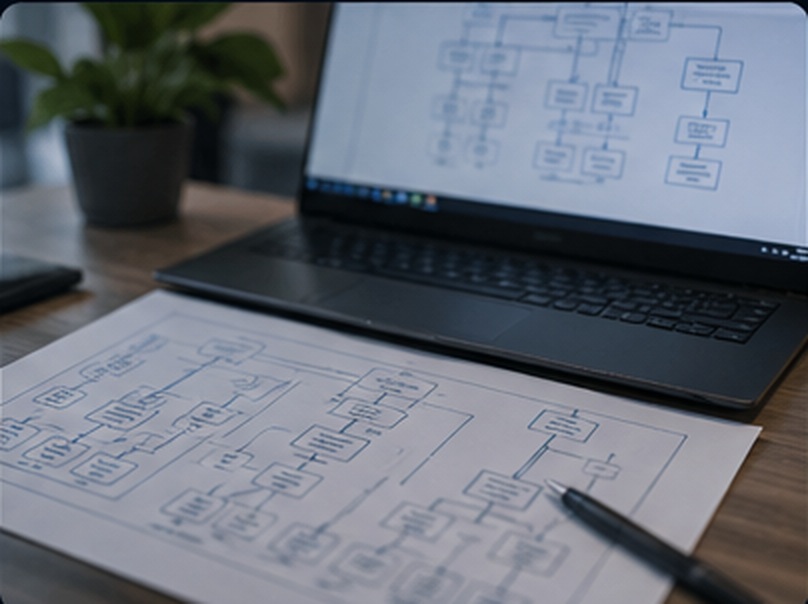 Netværksdokumentation og teknisk planlægning på laptop
