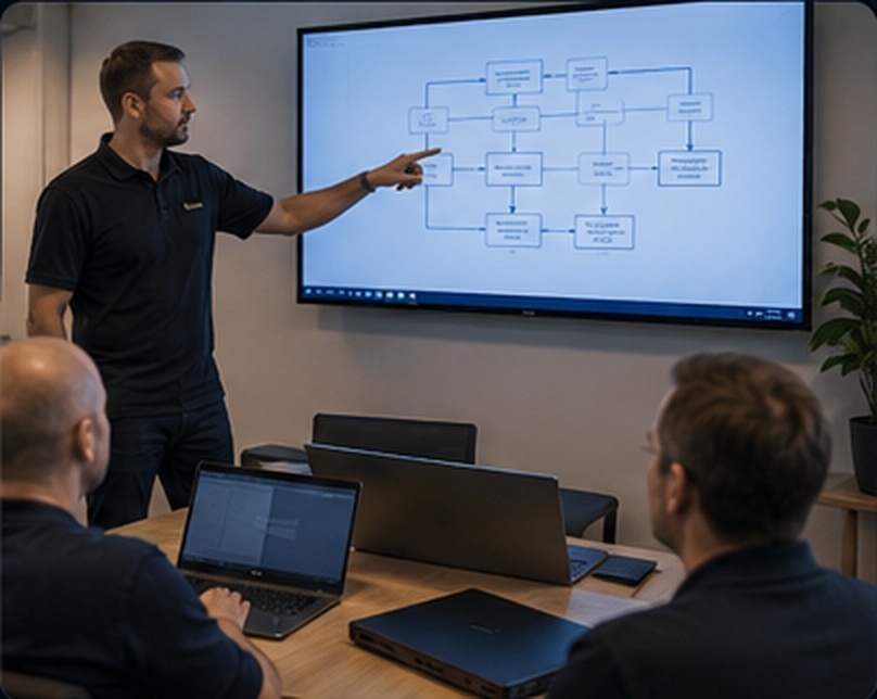 Teknisk projektledelse med netværksdiagram på skærm
