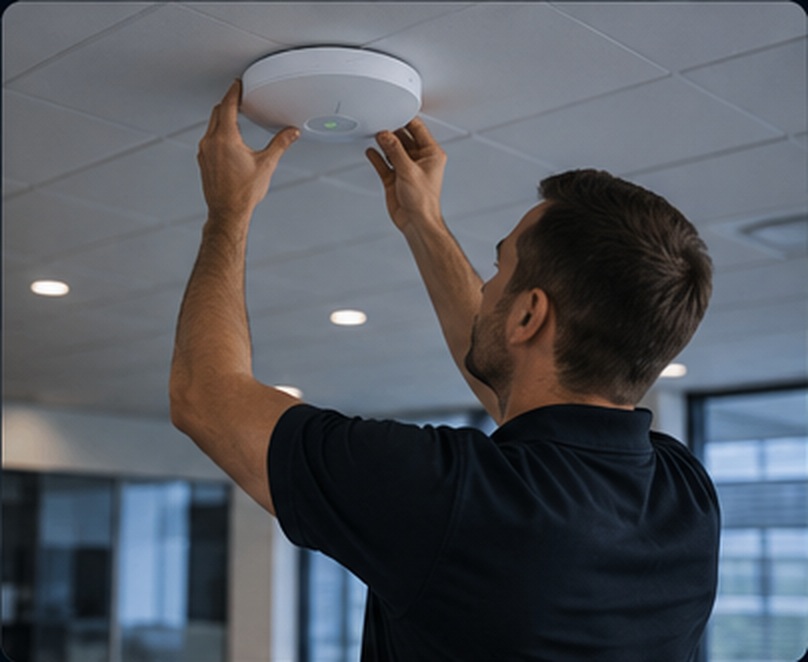 Tekniker monterer Aruba access point på gymnasium